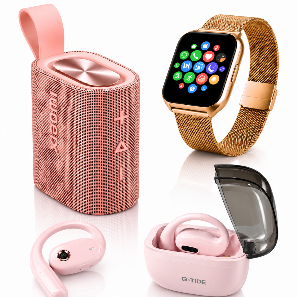 BOCINA XIAOMI SOUND POCKET (ROSA)+ SMARTWATCH FILWANS GTS MINI (DORADA) + AUDIFONOS G-TIDE OWS8 (ROSA)