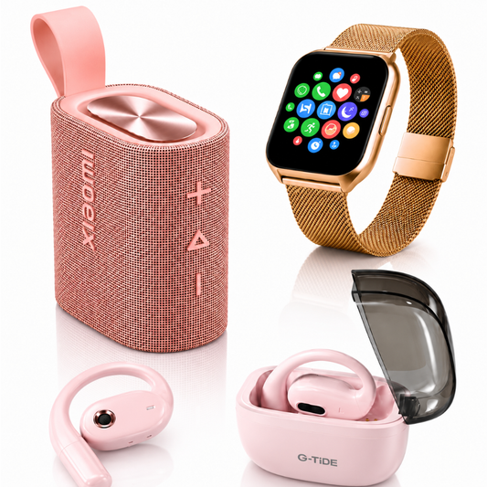 BOCINA XIAOMI SOUND POCKET (ROSA)+ SMARTWATCH FILWANS GTS MINI (DORADA) + AUDIFONOS G-TIDE OWS8 (ROSA)