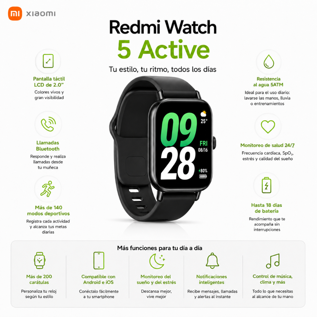 SMARTWATCH REDMI WATCH 5 ACTIVE (NEGRO) + AUDIFONOS G-TIDE FUTURE LOOPS (NEGRO)