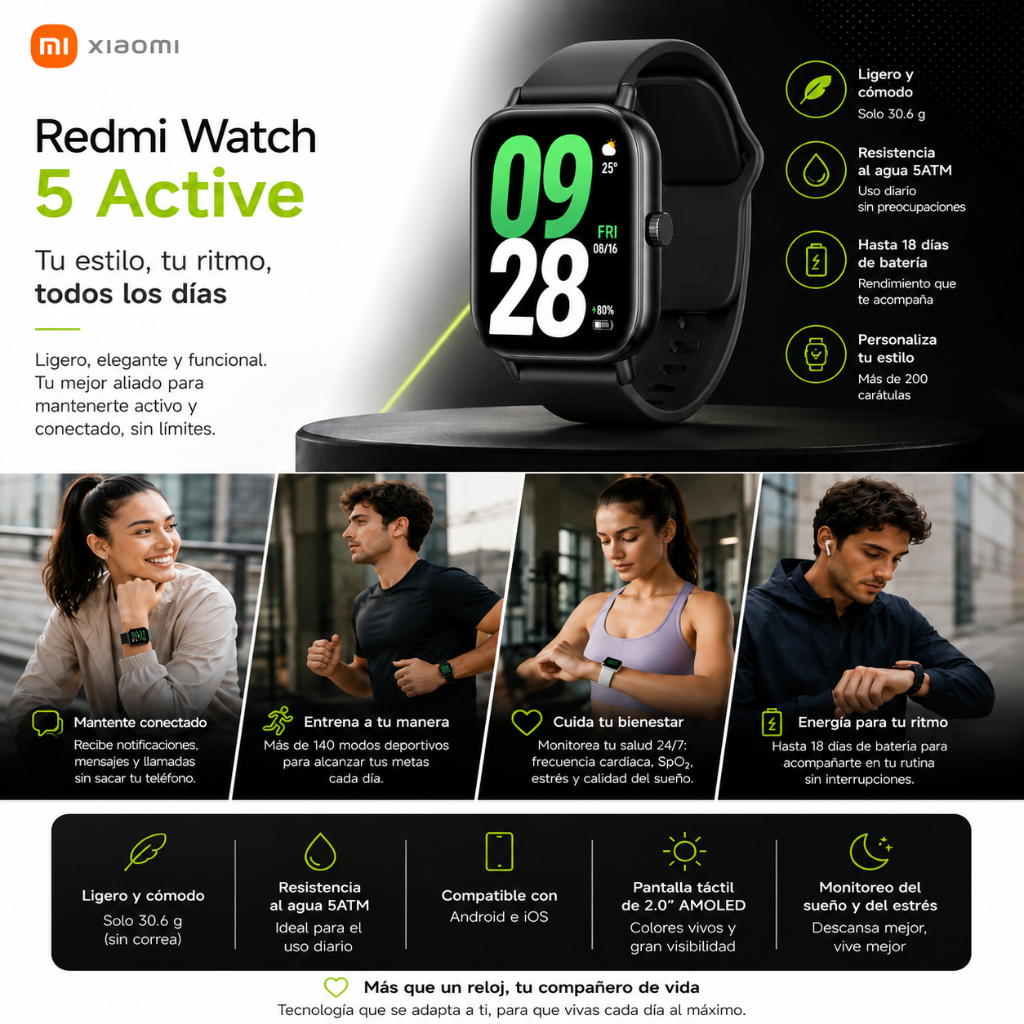 SMARTWATCH REDMI WATCH 5 ACTIVE (NEGRO) + AUDIFONOS G-TIDE FUTURE LOOPS (NEGRO)