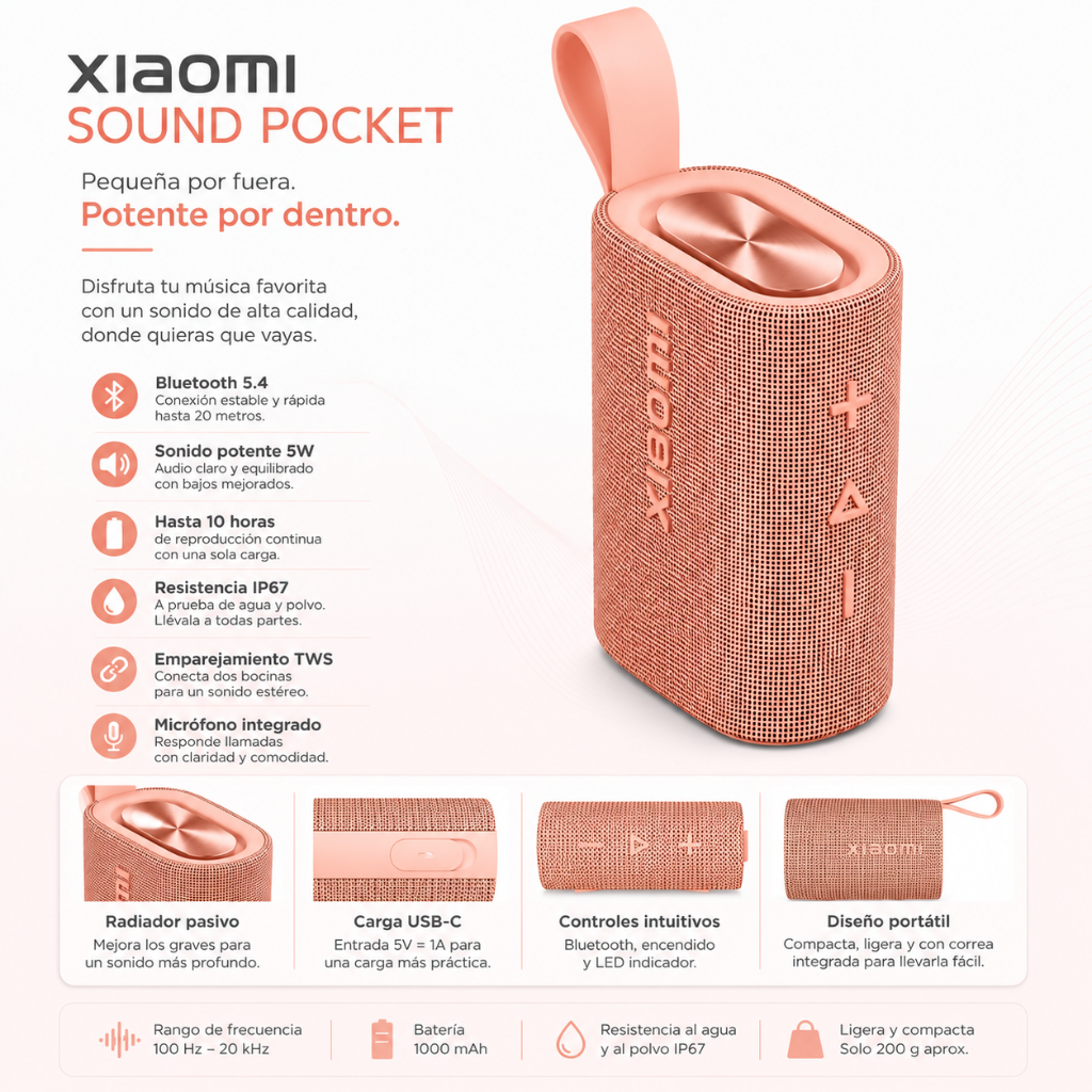 BOCINA XIAOMI SOUND POCKET (ROSA) + SMARTWATCH FUTUREM DW01 (DORADA) Y POWERBANK G-TIDE P1 (BLANCA)