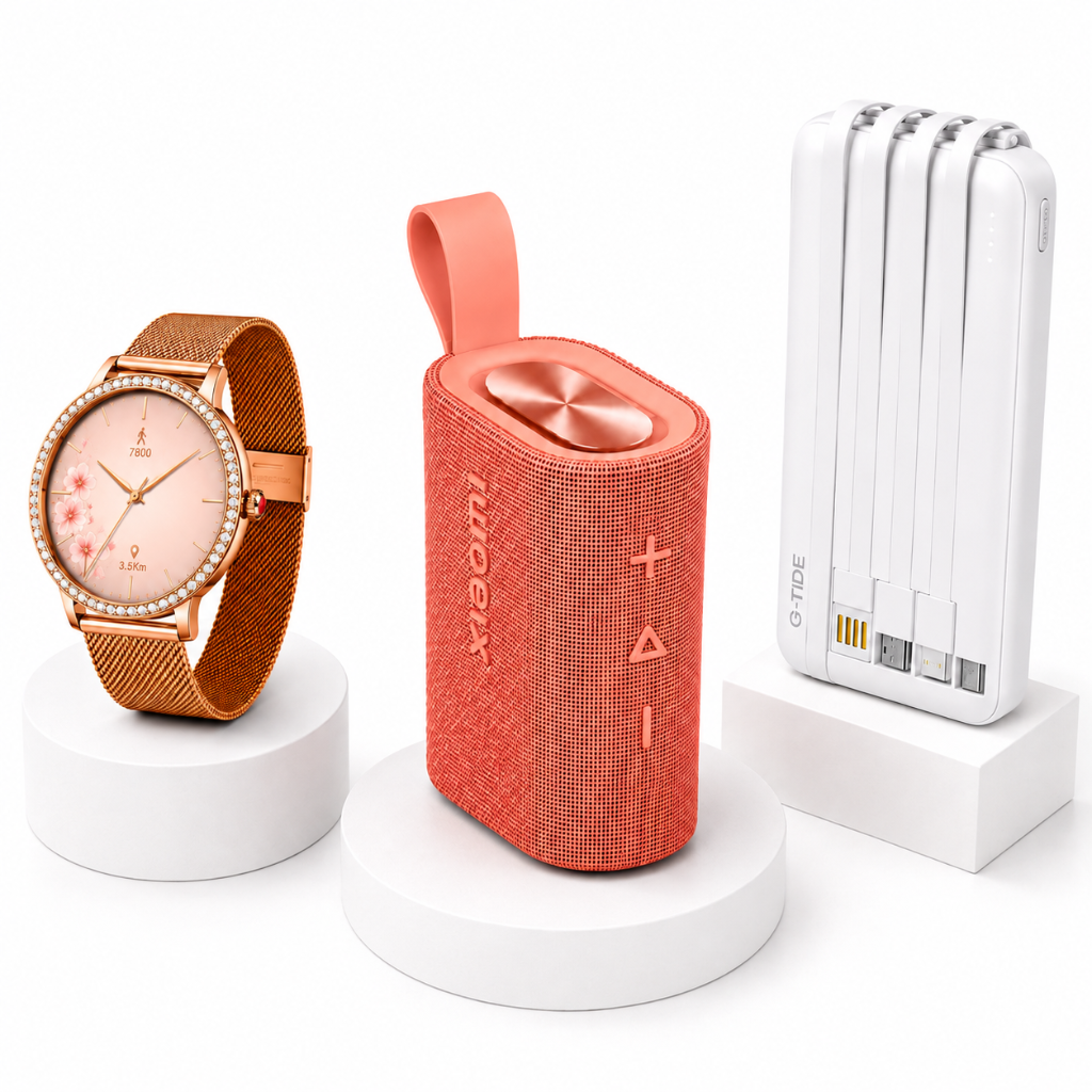 BOCINA XIAOMI SOUND POCKET (ROSA) + SMARTWATCH FUTUREM DW01 (DORADA) Y POWERBANK G-TIDE P1 (BLANCA)