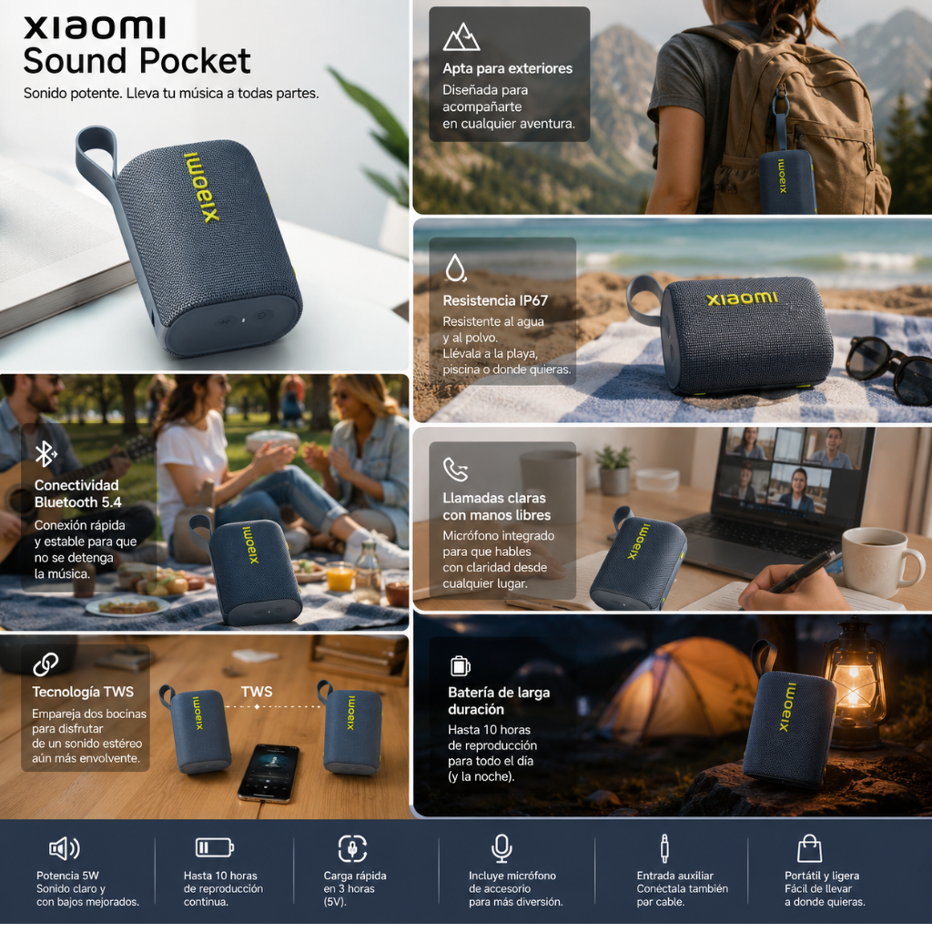 BOCINA XIAOMI SOUND POCKET (AZUL) + SMARTWATCH G-TIDE R5 (NEGRO)