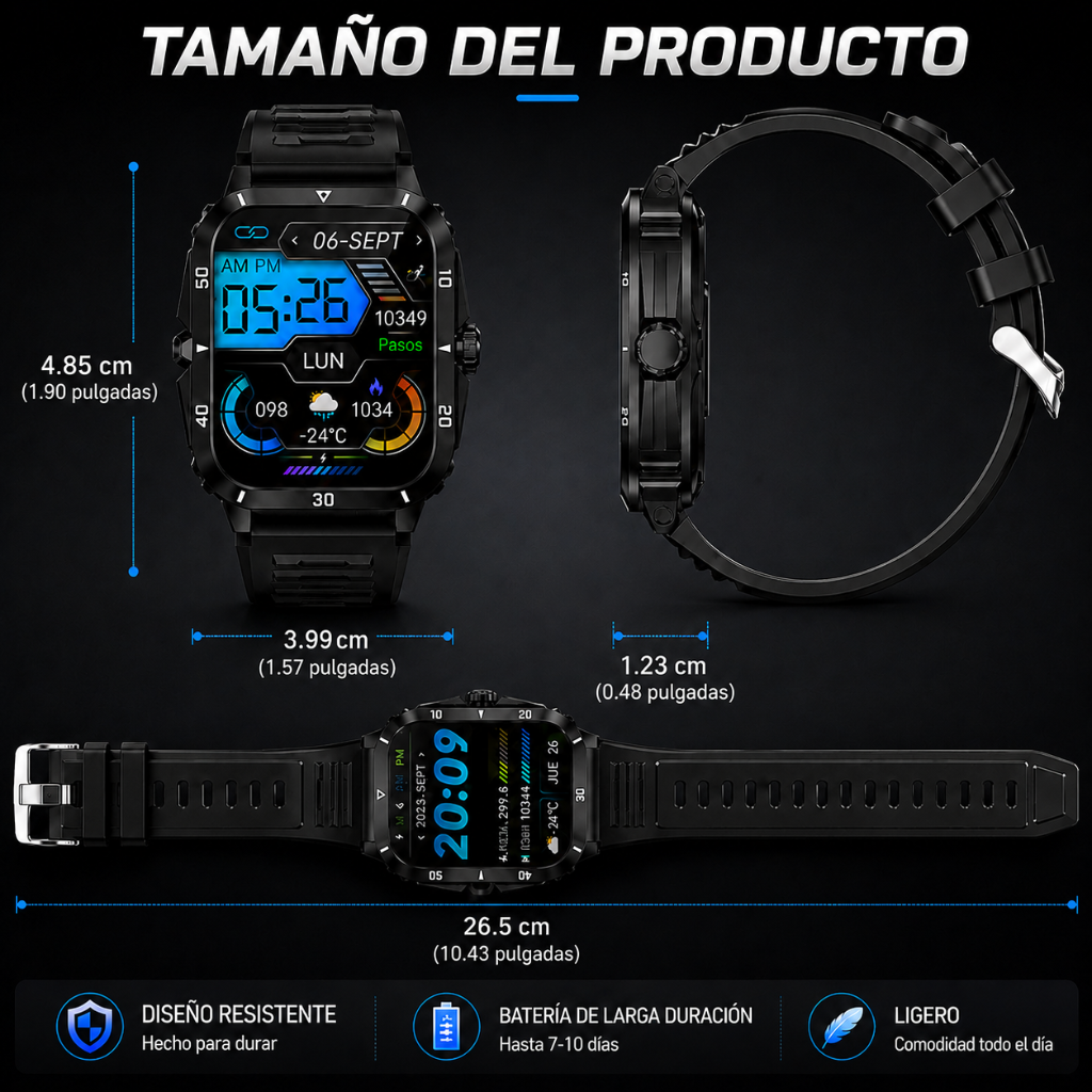 SMARTWATCH FUTUREM KT71 ESTILO MILITAR + AUDIFONOS BUDS 6 PLAY (NEGRO)