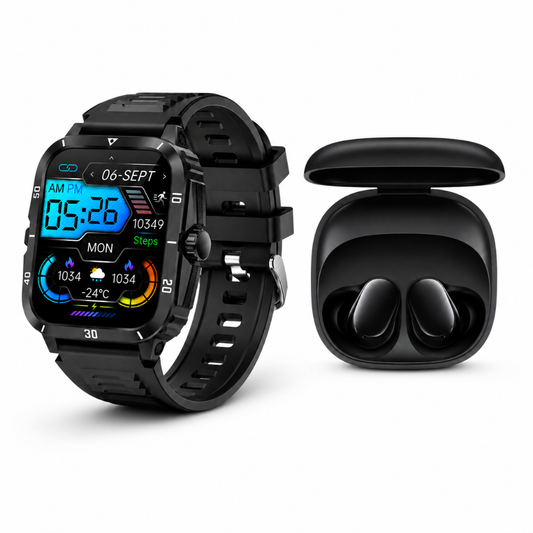 SMARTWATCH FUTUREM KT71 ESTILO MILITAR + AUDIFONOS BUDS 6 PLAY (NEGRO)