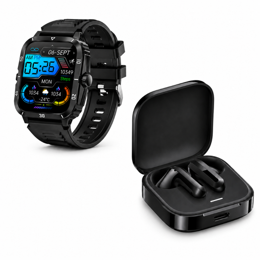 SMARTWATCH FUTUREM K71 ESTILO MILITAR + AUDIFONOS BUDS 6 ACTIVE (NEGRO)