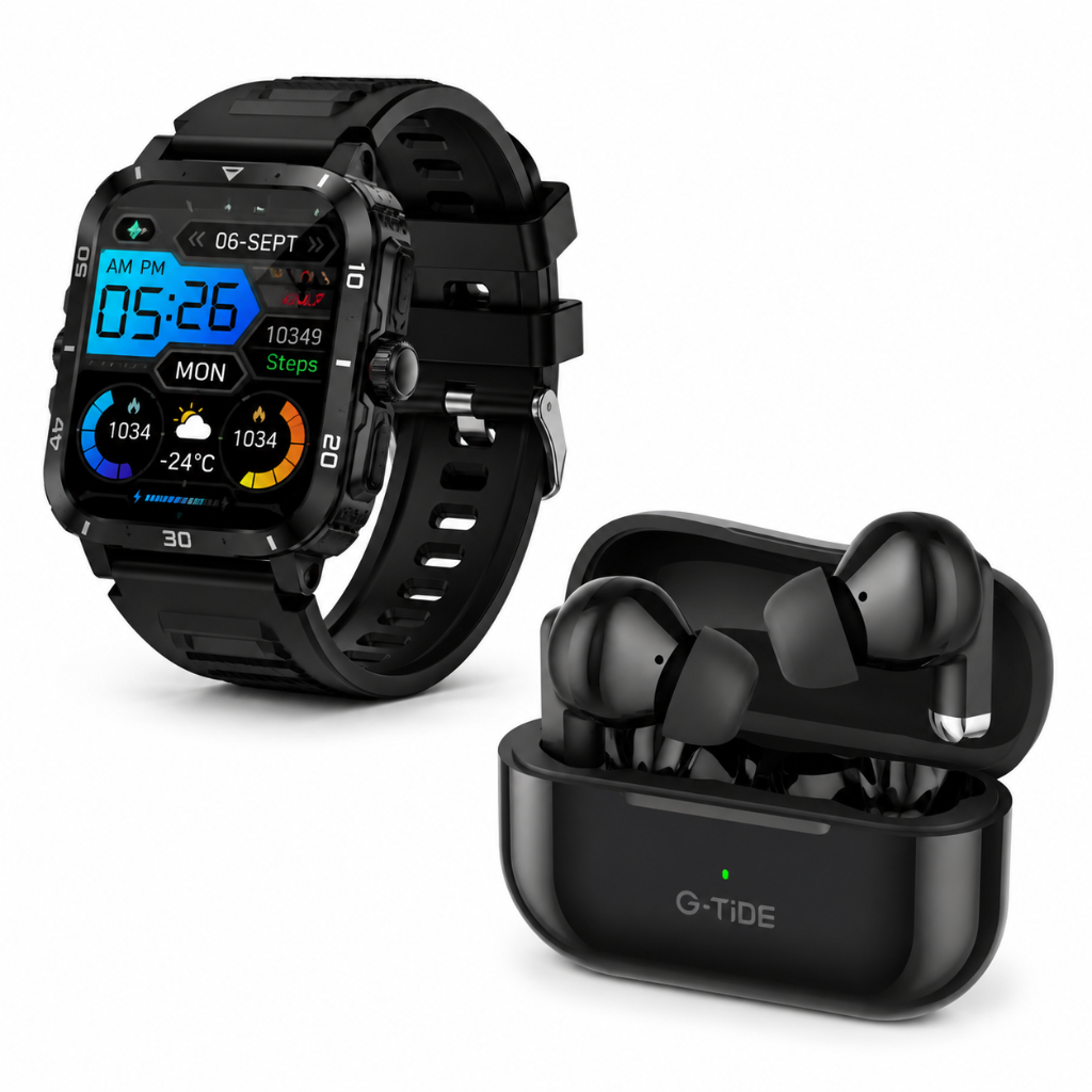 SMARTWATCH FUTUREM KT71 ESTILO MILITAR + AUDIFONOS G-TIDE L22 (NEGRO)
