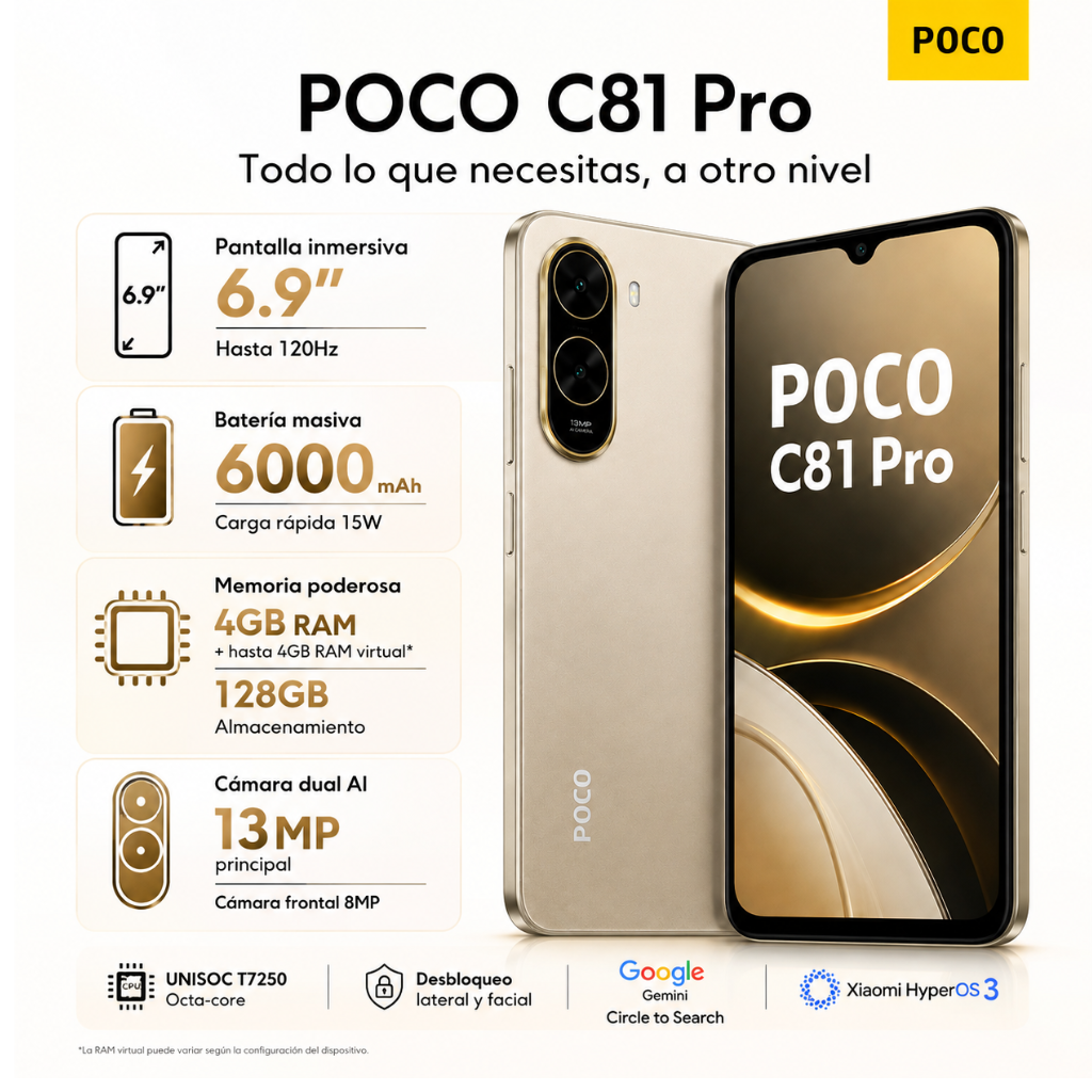 Xiaomi POCO C81 Pro + Smartwatch G-Tide R5 + Audífonos G-Tide L42