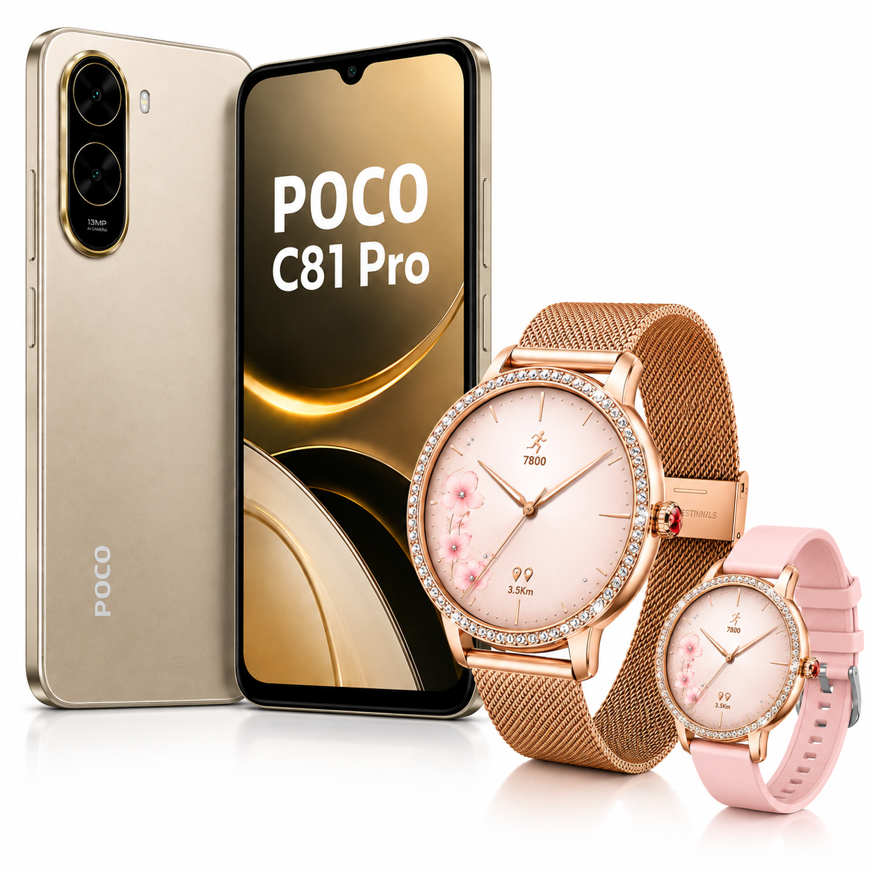 Xiaomi POCO C81 Pro 128GB, Pantalla 6.9” 120Hz, 6000mAh + Smartwatch Rosé con Llamadas Bluetooth y 2 Correas