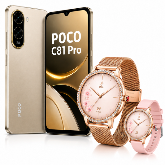Xiaomi POCO C81 Pro 128GB, Pantalla 6.9” 120Hz, 6000mAh + Smartwatch Rosé con Llamadas Bluetooth y 2 Correas