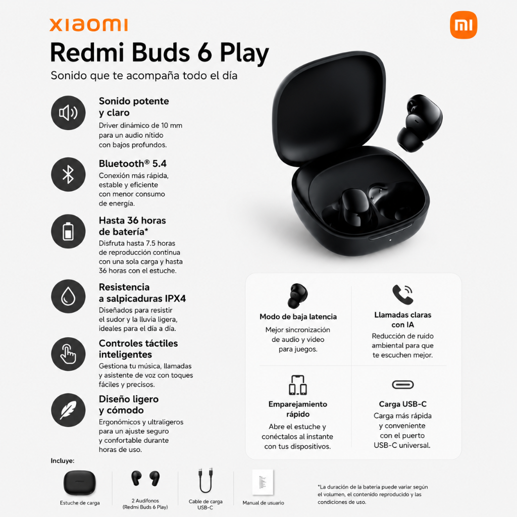 AUDIFONOS REDMI BUDS 6 PLAY (NEGRO) + SMARTWATCH MICROWEAR WATCH S11