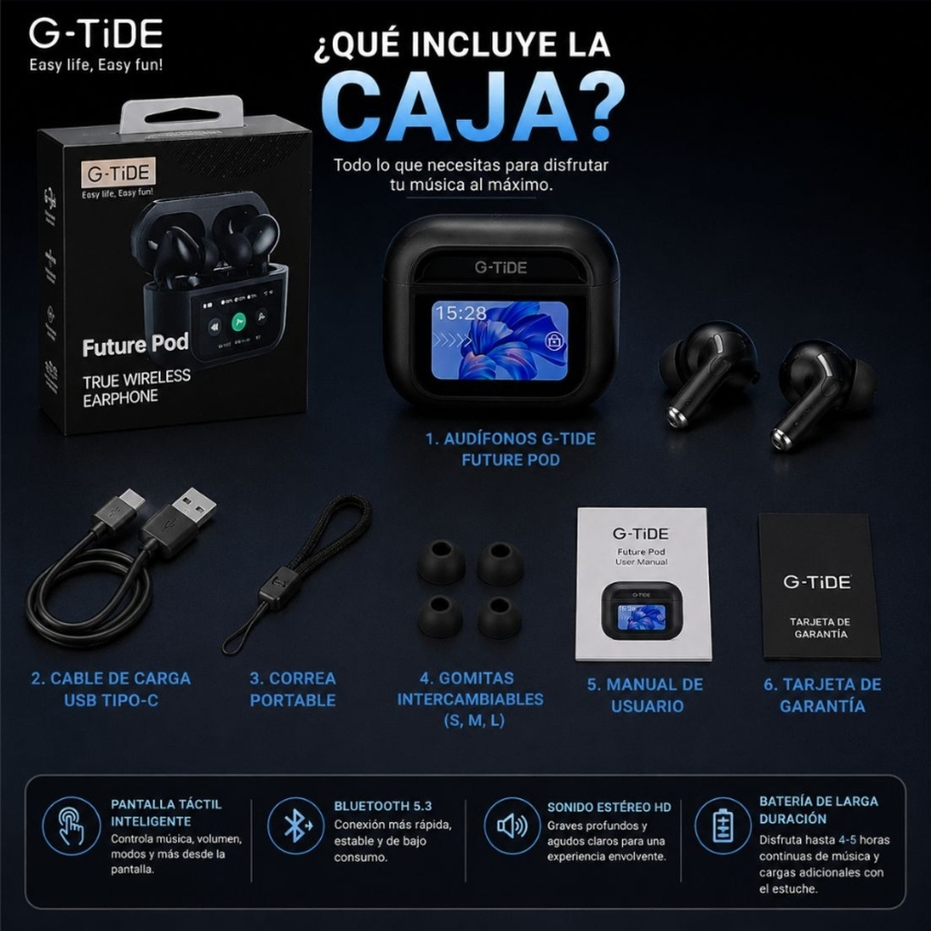 AUDIFONOS G-TIDE FUTURE POD (NEGRO) + SMARTWATCH MICROWEAR U5