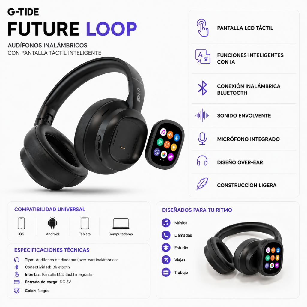 AUDIFONOS G-TIDE FUTURE LOOPS (NEGRO) + SMARTWATCH MICROWEAR U5