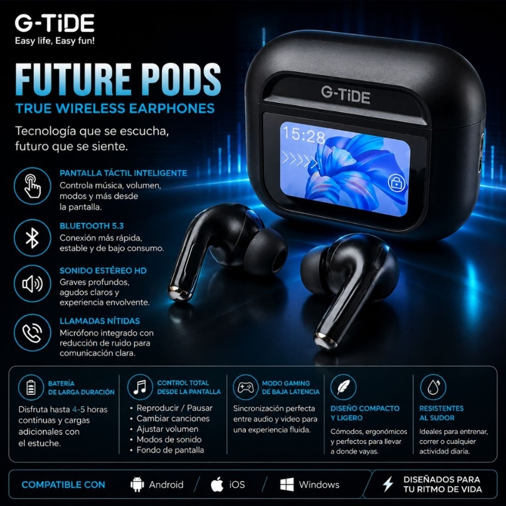 Smartwatch Filwans GTR (Negro) + Audífonos G-Tide Future Pods (Negro)