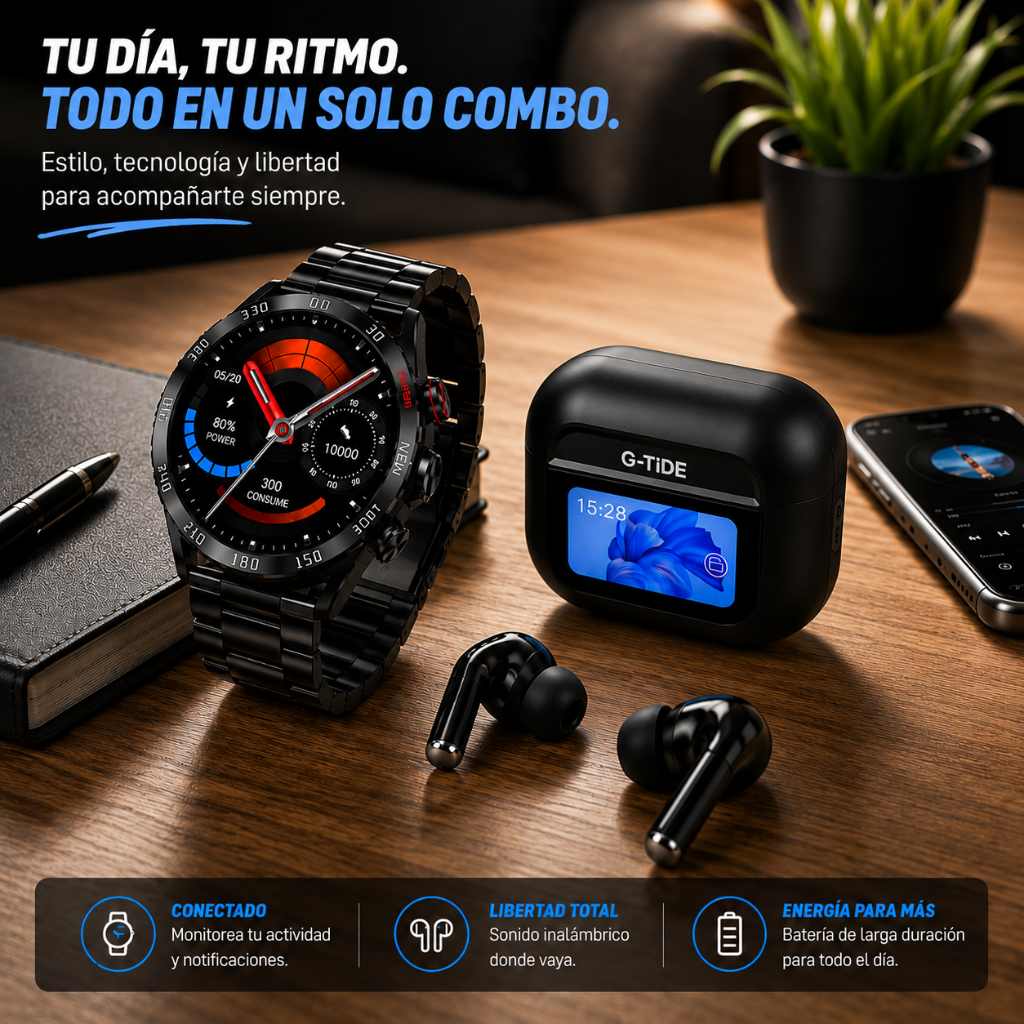 Smartwatch Filwans GTR (Negro) + Audífonos G-Tide Future Pods (Negro)