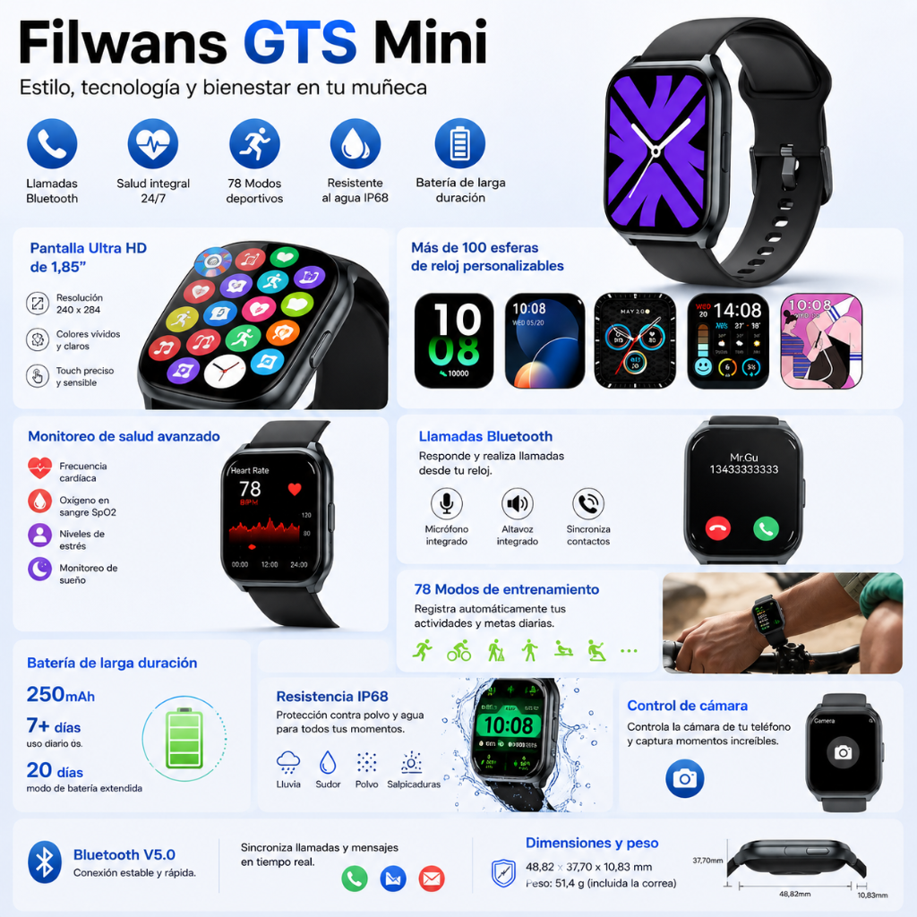 SMARTWATCH FILWANS GTS MINI (AZUL) + AUDIFONOS REDMI BUDS 6 PLAY (NEGRO)