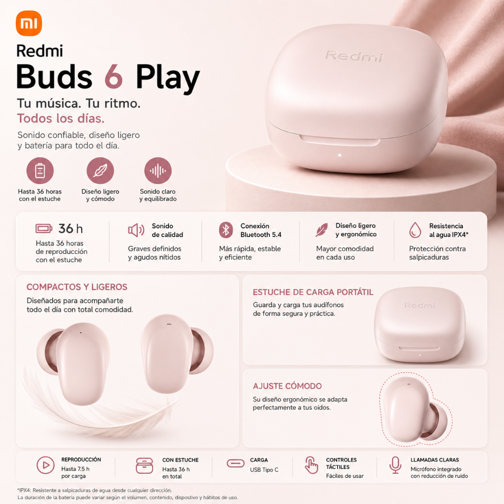 AUDIFONOS REDMI BUDS 6 PLAY (ROSA) + SMARTWATCH FILWANS GTS MINI (DORADA) + BOCINA SANAG M15 (ROJA)