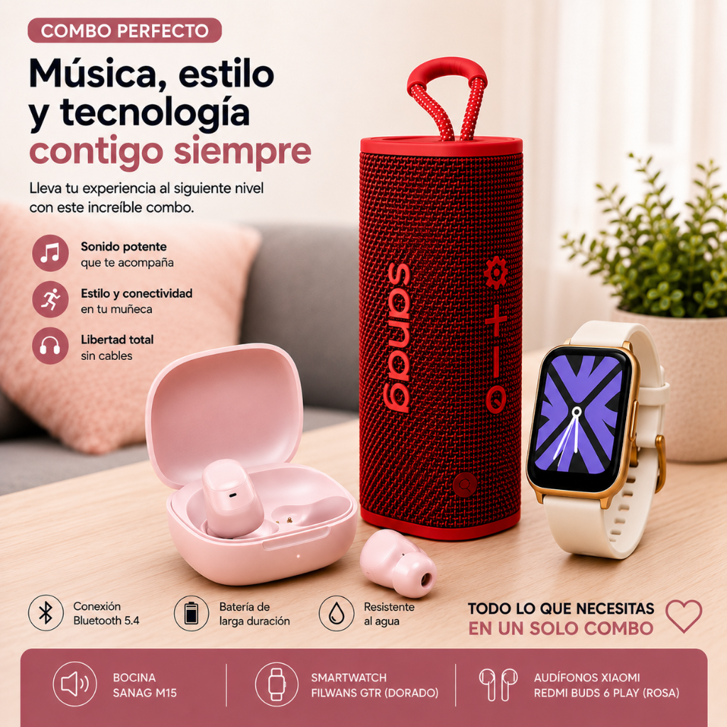 AUDIFONOS REDMI BUDS 6 PLAY (ROSA) + SMARTWATCH FILWANS GTS MINI (DORADA) + BOCINA SANAG M15 (ROJA)
