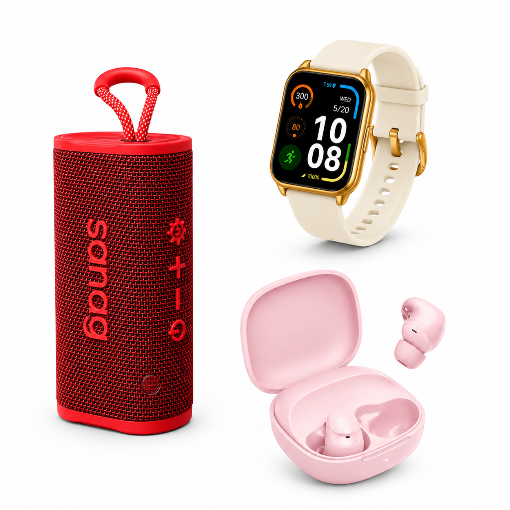 AUDIFONOS REDMI BUDS 6 PLAY (ROSA) + SMARTWATCH FILWANS GTS MINI (DORADA) + BOCINA SANAG M15 (ROJA)