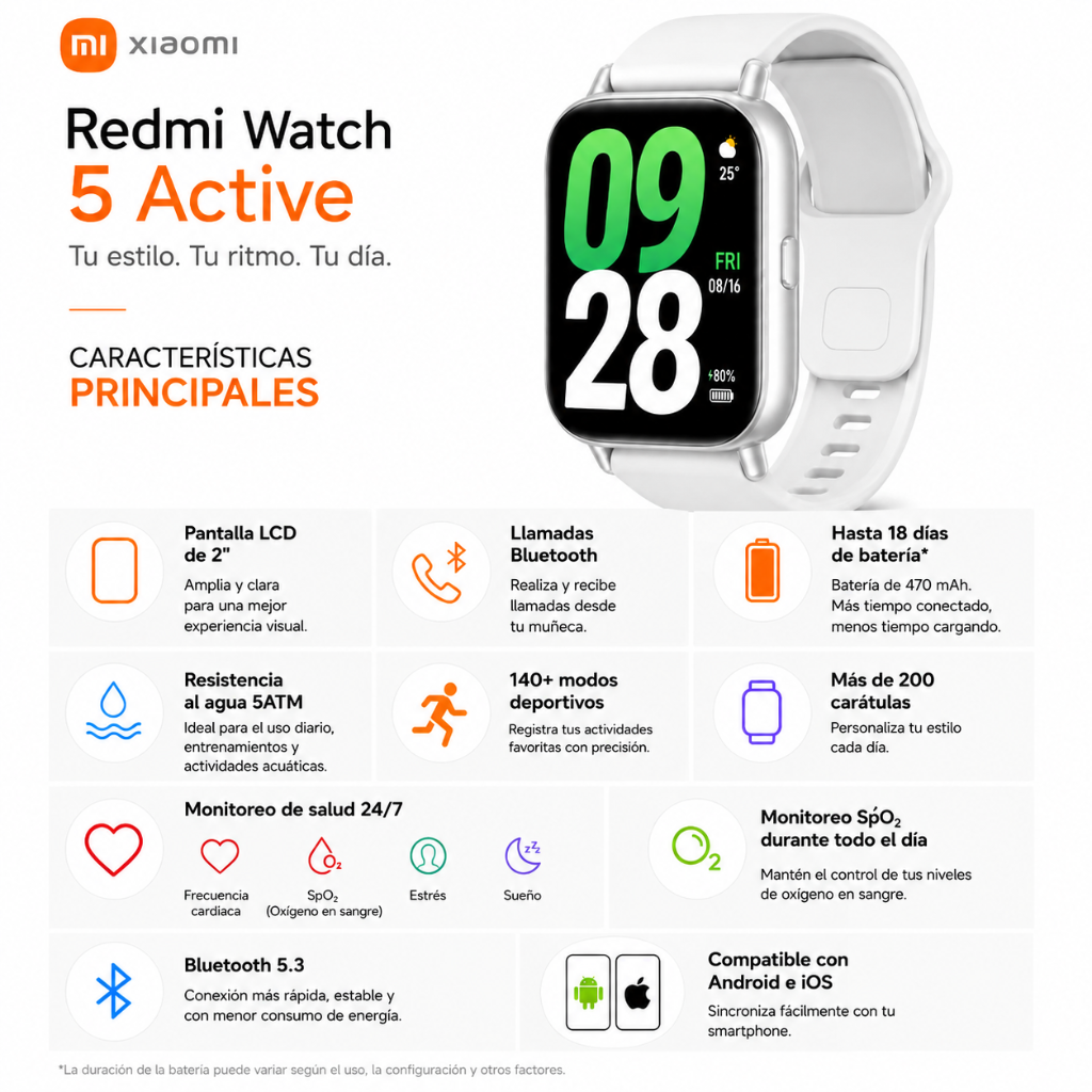 SMARTWATCH REDMI WATCH 5 ACTIVE (PLATA) + AUDIFONOS G-TIDE H21 (PLATA)