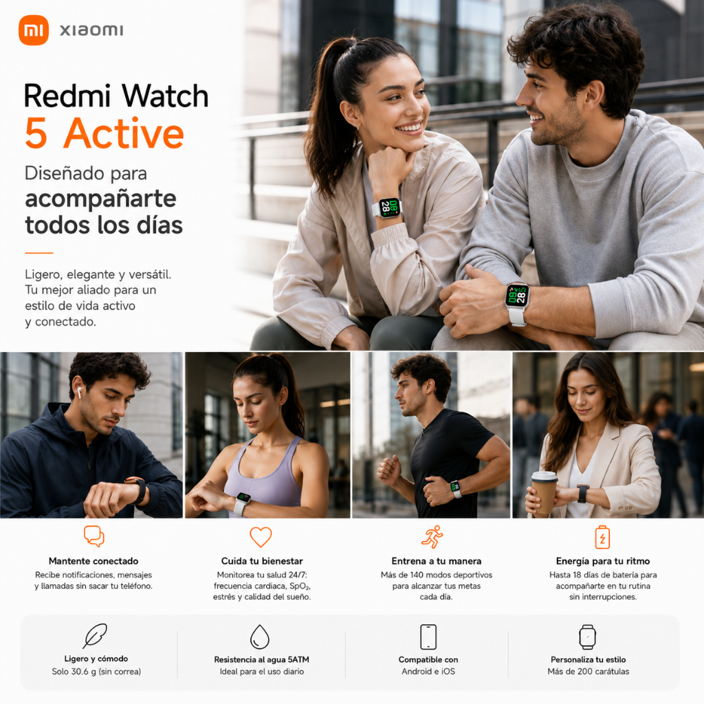 SMARTWATCH REDMI WATCH 5 ACTIVE (PLATA) + POWER BANK G-TIDE P1 10000Mha (BLANCO) + AUDIFONOS G-TIDE H21 (PLATA)