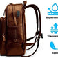 Bluelander Mochila Antirrobo para Laptop Impermeable de Cuero Sintético con Carga USB para Power Bank (no incluida), Múltiples Bolsillos, Tirantes Acolchados, Excelente para Viajes y Oficina (Café)