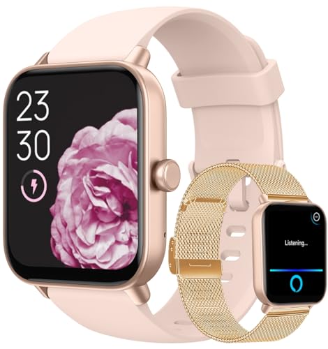 Smartwatch, Reloj Inteligente Mujer con Alexa y Llamadas Bluetooth, 1.8" Smartwatch Mujer, Impermeable IP68, con Monitor De Frecuencia Cardíaca, etc.(Correa Metal + Rosa)