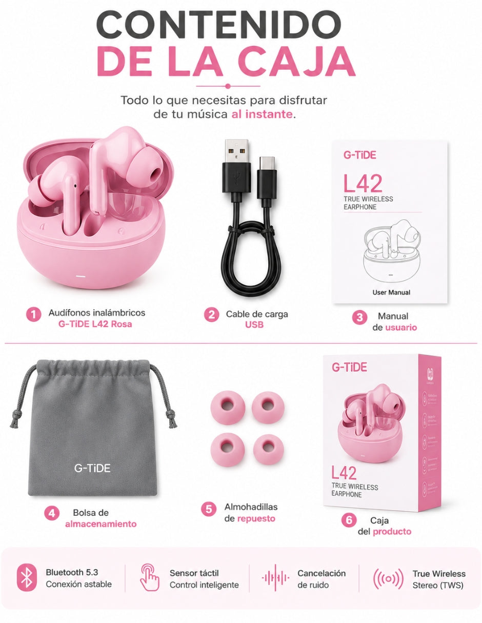 Set Audífonos In-Ear audífonos l42 rosa con smartwatch futurem fm13 rosa inalámbrica con cancelación de ruido