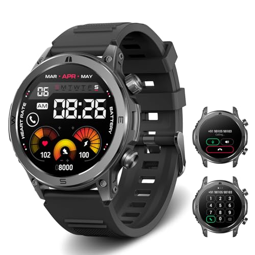 Smartwatch 1.43" FreshFun AMOLED con Llamada Bluetooth, Reloj Inteligente Hombre Impermeable IP67, Monitor de Frecuencia Cardíaca/Oxígeno en Sangre/Sueño, 100+ Modos Deportivos para Android/iOS, Negro