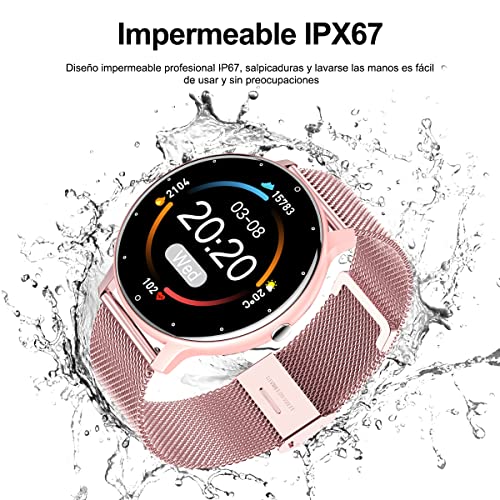 Smartwatch Mujer, Reloj Inteligente Impermeable IPX67, Monitor De Frecuencia Cardíaca/Oxígeno en Sangre/Presión Arterial, Múltiples Modos Deportivos, Monitor De Calorías.