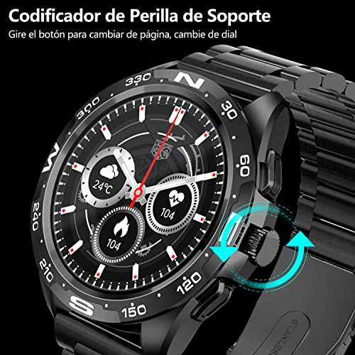 Smartwatch Hombre, Reloj Inteligente Deportivo de Llamada, Reloj Smartwatch 1.32” Impermeable Ip67, Smartwatch Deportivo de 24 Modo con Recordatorio Mensaje y Correa de Acero Ajustable