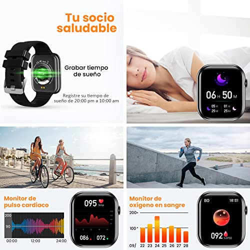 Smartwatch, 1,85" Reloj Inteligente con Llamadas Bluetooth IP67 Impermeable Reloj Deportivo Pulsómetro Monitor de Oxígeno Sueño, Podómetro, Pulsera Actividad para Android iOS (2 Correas) - Negro