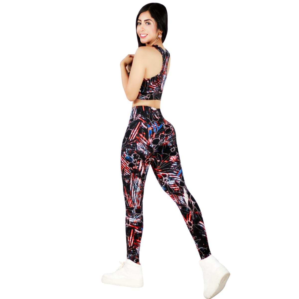 CONJUNTO DEPORTIVO DE MUJER DE 3 PIEZAS SHORT LEGGING Y TOP DE ESTAMPADOS (DISEÑO 2, Talla única)