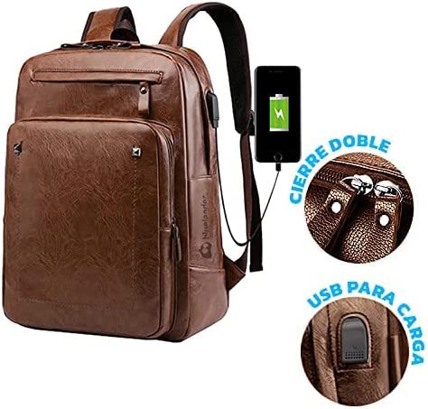 Bluelander Mochila Antirrobo para Laptop Impermeable de Cuero Sintético con Carga USB para Power Bank (no incluida), Múltiples Bolsillos, Tirantes Acolchados, Excelente para Viajes y Oficina (Café)