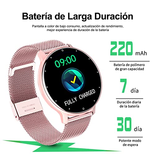 Smartwatch Mujer, Reloj Inteligente Impermeable IPX67, Monitor De Frecuencia Cardíaca/Oxígeno en Sangre/Presión Arterial, Múltiples Modos Deportivos, Monitor De Calorías.