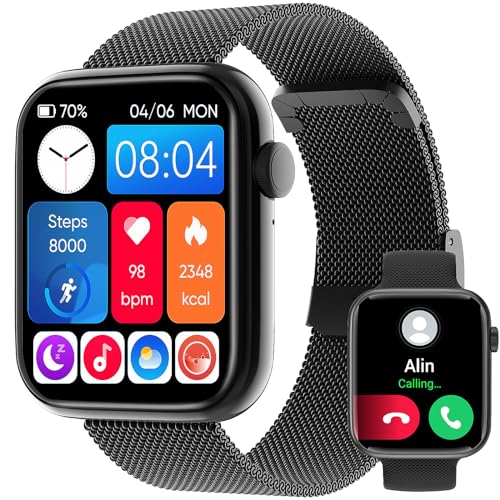 Smartwatch, 1,85" Reloj Inteligente con Llamadas Bluetooth IP67 Impermeable Reloj Deportivo Pulsómetro Monitor de Oxígeno Sueño, Podómetro, Pulsera Actividad para Android iOS (2 Correas) - Negro