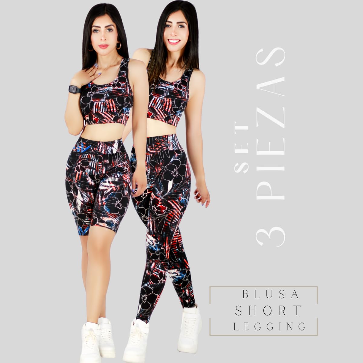 CONJUNTO DEPORTIVO DE MUJER DE 3 PIEZAS SHORT LEGGING Y TOP DE ESTAMPADOS (DISEÑO 2, Talla única)
