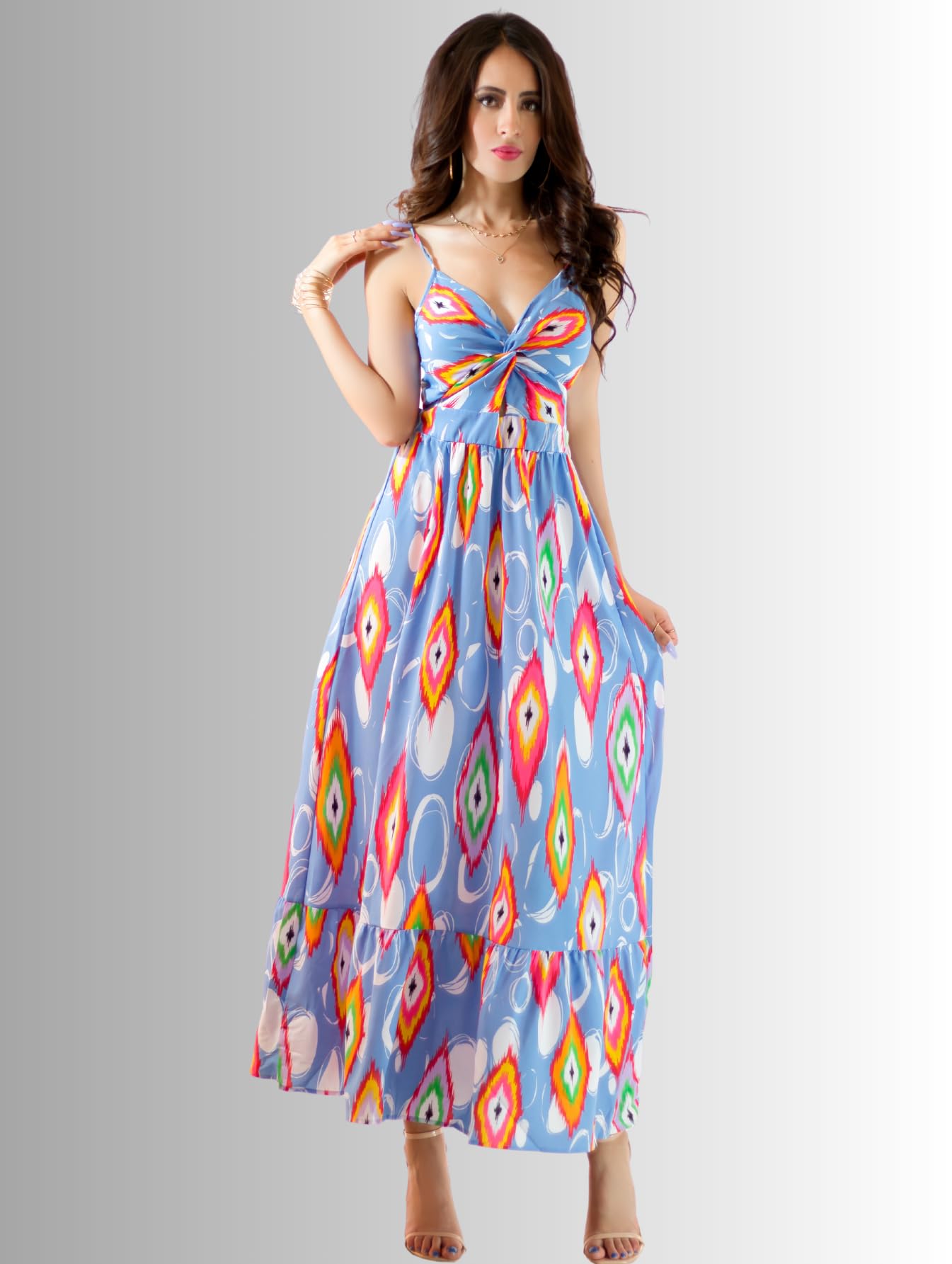 Generic Vestidos Casuales Mujer Vestido Largo Dama Estampados Largo de Tela Ligera Ideal para Salidas Casuales o Semi Formales (MX/US, Alfa, Talla única, Regular, Regular, AZL)