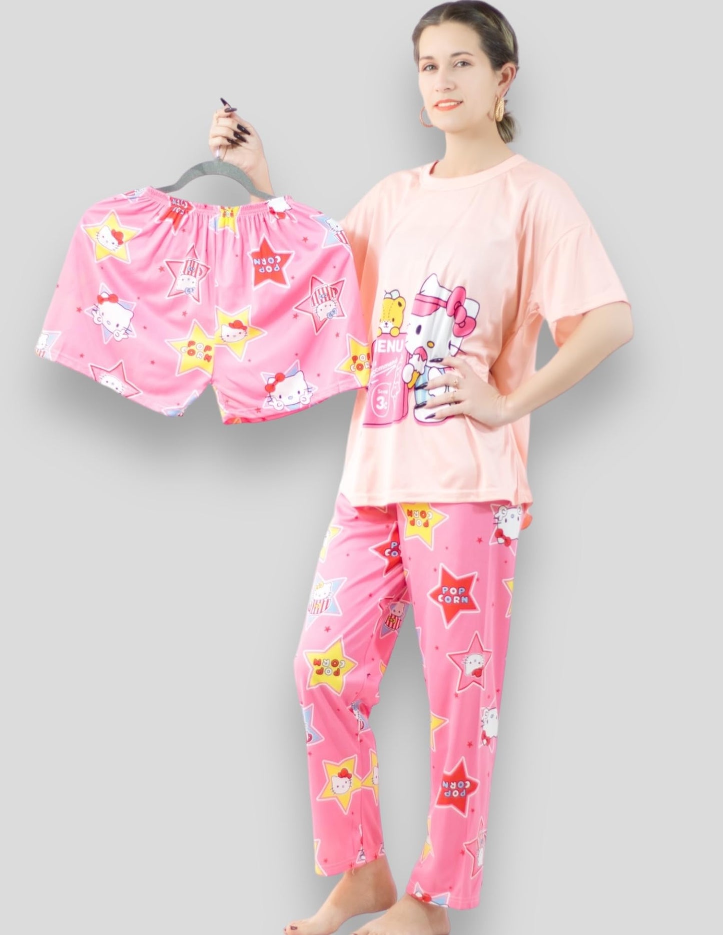 Pijama de 3 Piezas para Mujer Pantalon Short y Camisa, Ropa para Dormir de Dama Cómoda Multi Set a Juego