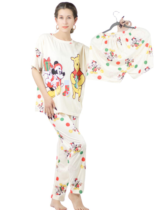 Pijama de 3 Piezas para Mujer Pantalon Short y Camisa, Ropa para Dormir de Dama Cómoda Multi Set a Juego
