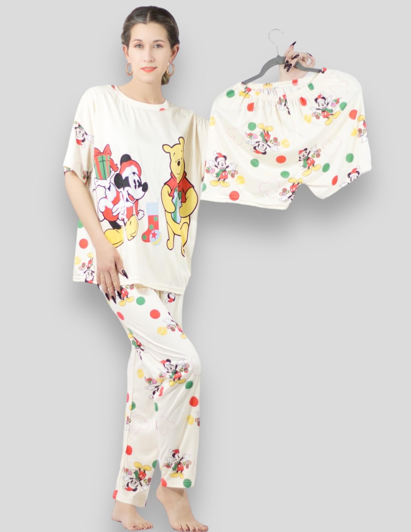 Pijama de 3 Piezas para Mujer Pantalon Short y Camisa, Ropa para Dormir de Dama Cómoda Multi Set a Juego