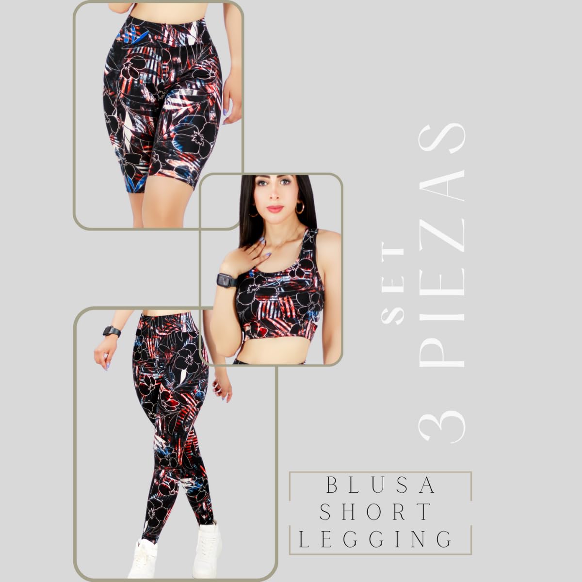 CONJUNTO DEPORTIVO DE MUJER DE 3 PIEZAS SHORT LEGGING Y TOP DE ESTAMPADOS (DISEÑO 2, Talla única)