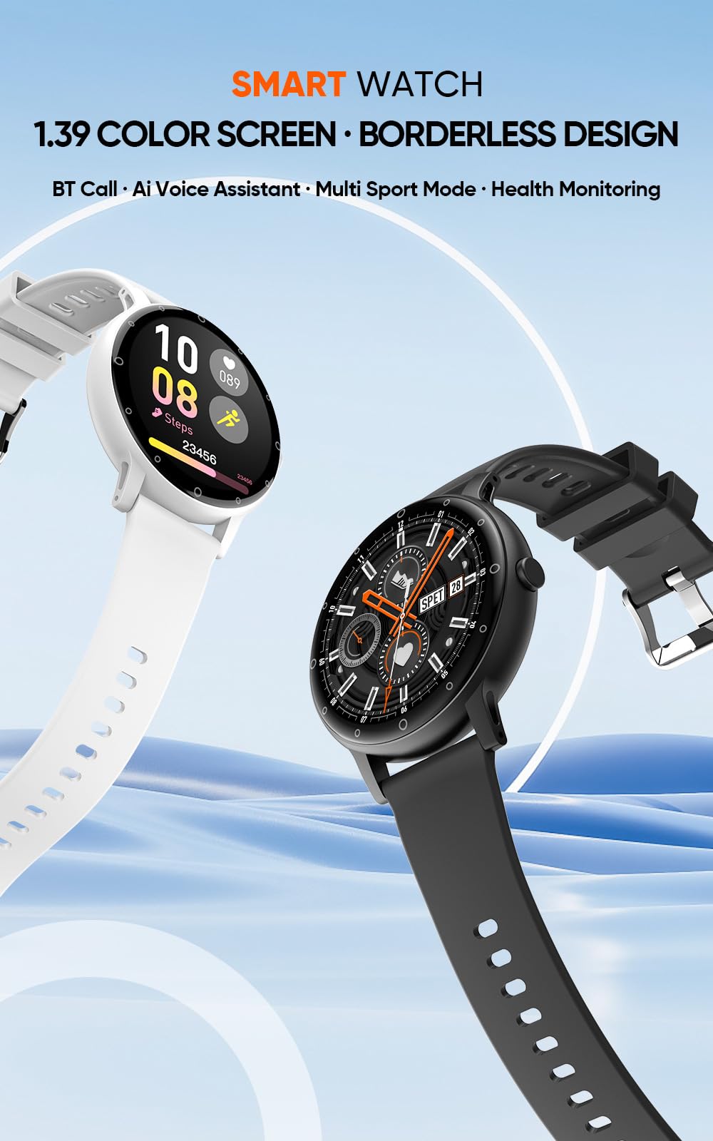 Smartwatch Hombre y Mujer Reloj Inteligente Bluetooth Redondo para iPhone y Celular Android, IPX67 Pantalla Táctil 1.39",Recordatorio de App Llamada Mensaje, Monitor de Pulsómetro Calorías Sueño