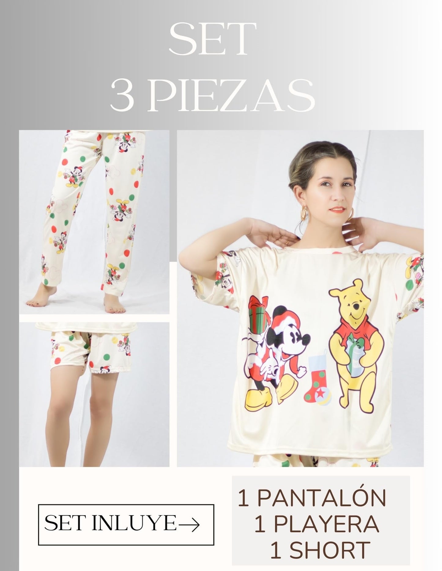 Pijama de 3 Piezas para Mujer Pantalon Short y Camisa, Ropa para Dormir de Dama Cómoda Multi Set a Juego