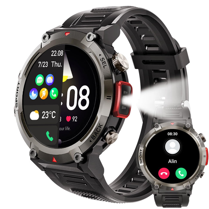 Reloj inteligente militar para hombres con linterna LED 1.45" resistente 3ATM impermeable Smartwatch con 100+ modos de deportes Fitness Tracker con monitor de ritmo cardíaco sueño para iOS Android.