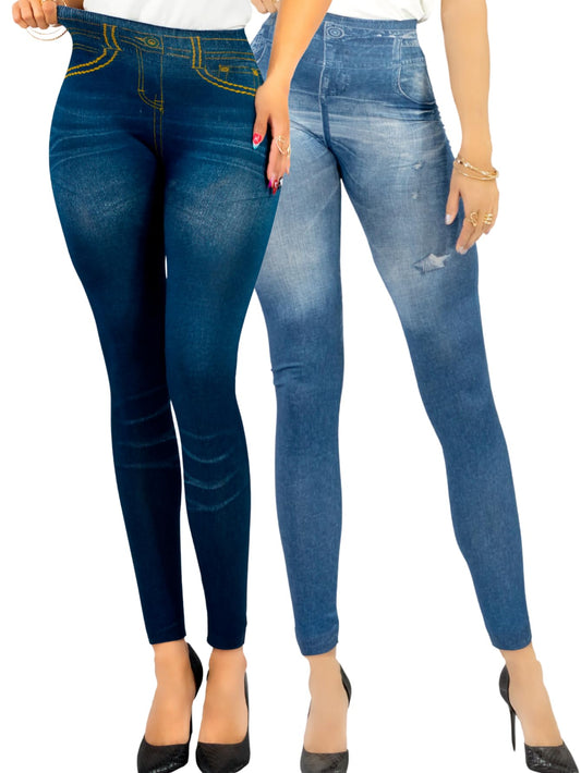 Pack de 2 Leggins Mujer Mezclilla Faja Alta Estilo Pantalón Mezclilla Calidad Premium Jegging Tiro Alto, Mallon Licra Cómodos Elásticos