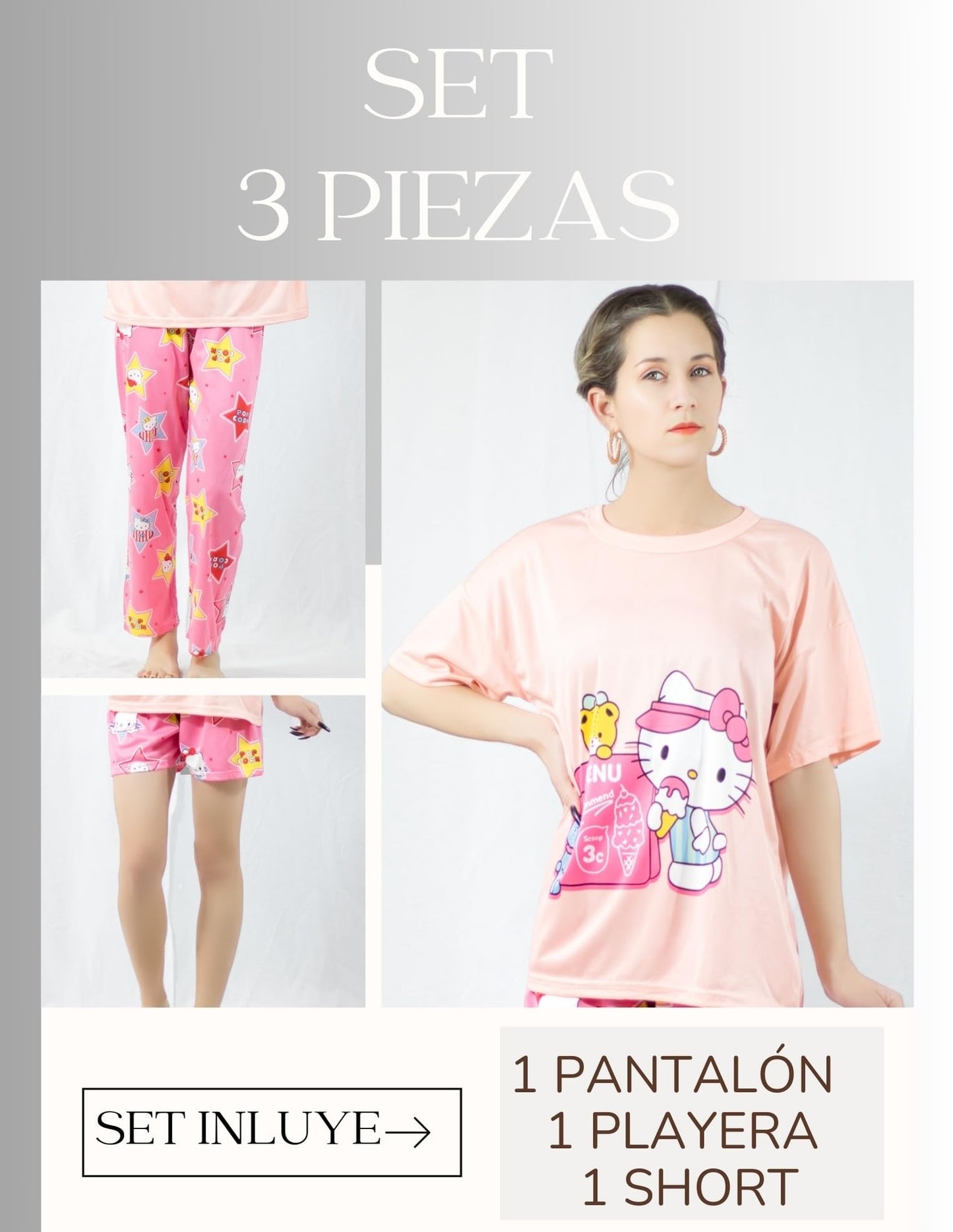Pijama de 3 Piezas para Mujer Pantalon Short y Camisa, Ropa para Dormir de Dama Cómoda Multi Set a Juego