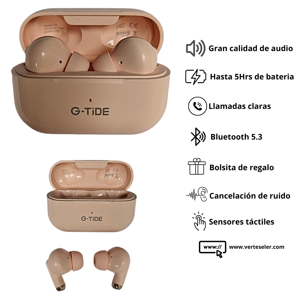 Audífonos bluetooth 5.3  G-tide L22 hasta 8 horas de batería, estuche de carga y bolsa regalo.Rosa