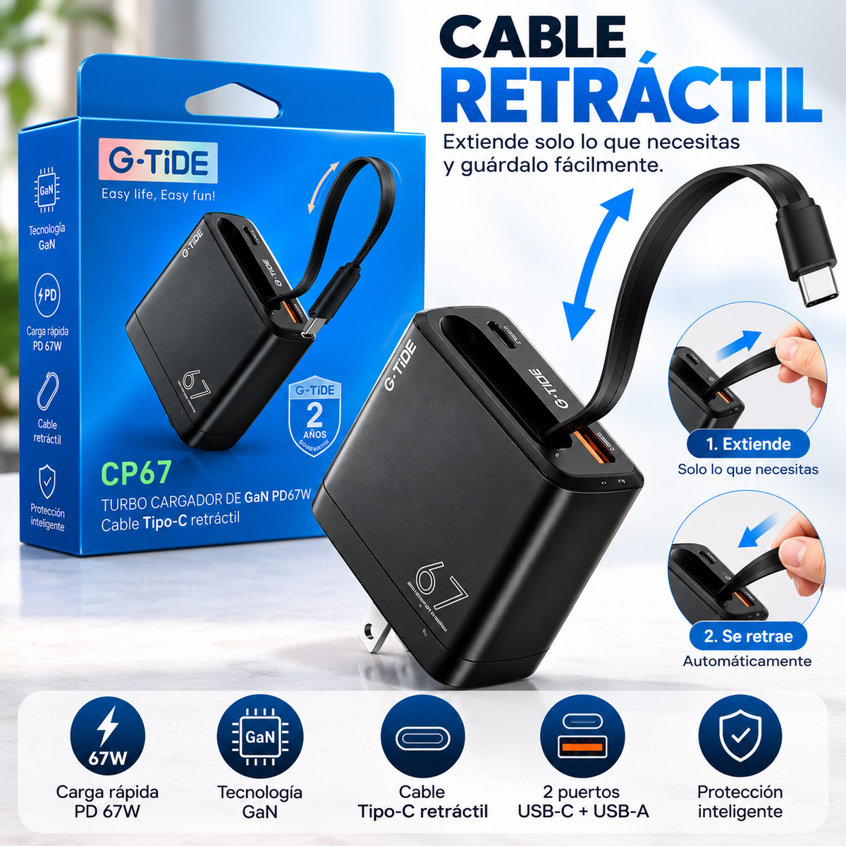 G-TiDE CP67 – Cargador GaN 67W con Cable USB-C Retráctil