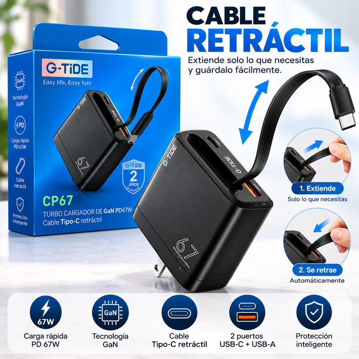 G-TiDE CP67 – Cargador GaN 67W con Cable USB-C Retráctil